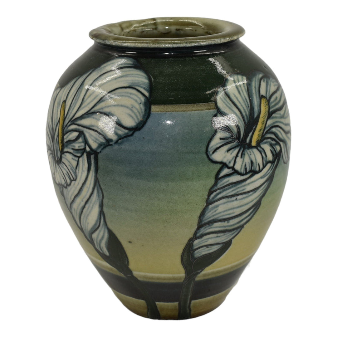Santa Barbara Ceramic Design 1979 Pottery Floral Green Hand Painted Vase Crea - Just Art Pottery