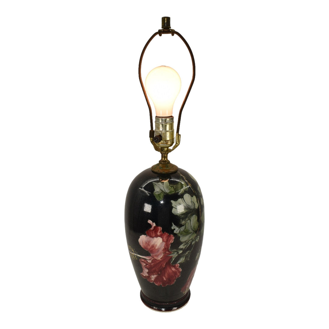 Santa Barbara Ceramic Design 1983 Pottery Hand Painted Floral Black Lamp Atwill
