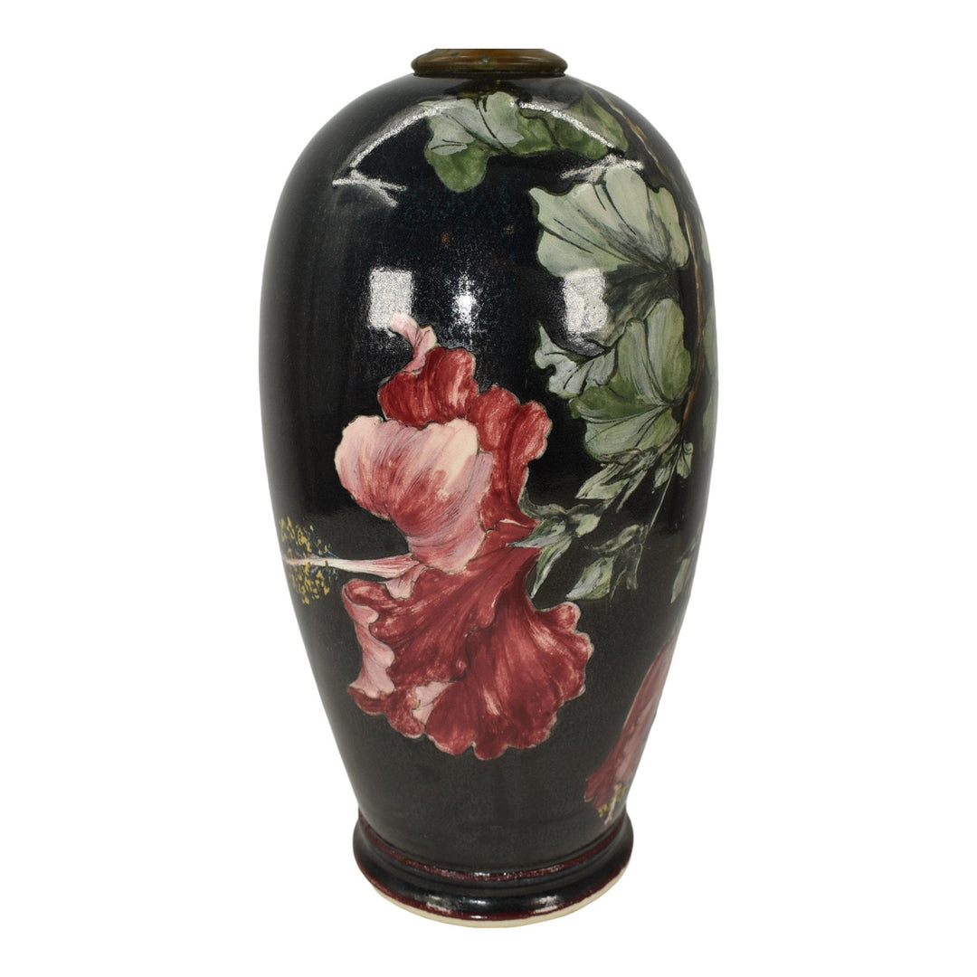 Santa Barbara Ceramic Design 1983 Pottery Hand Painted Floral Black Lamp Atwill