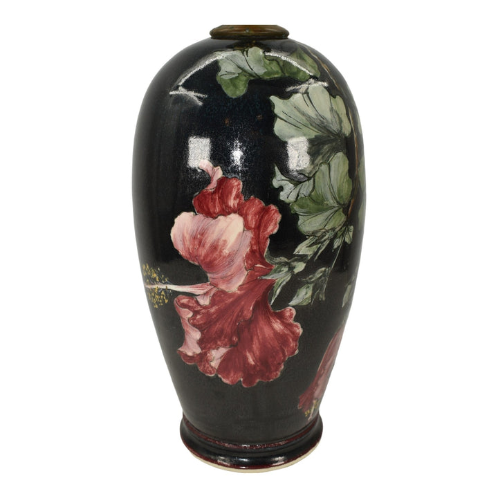 Santa Barbara Ceramic Design 1983 Pottery Hand Painted Floral Black Lamp Atwill