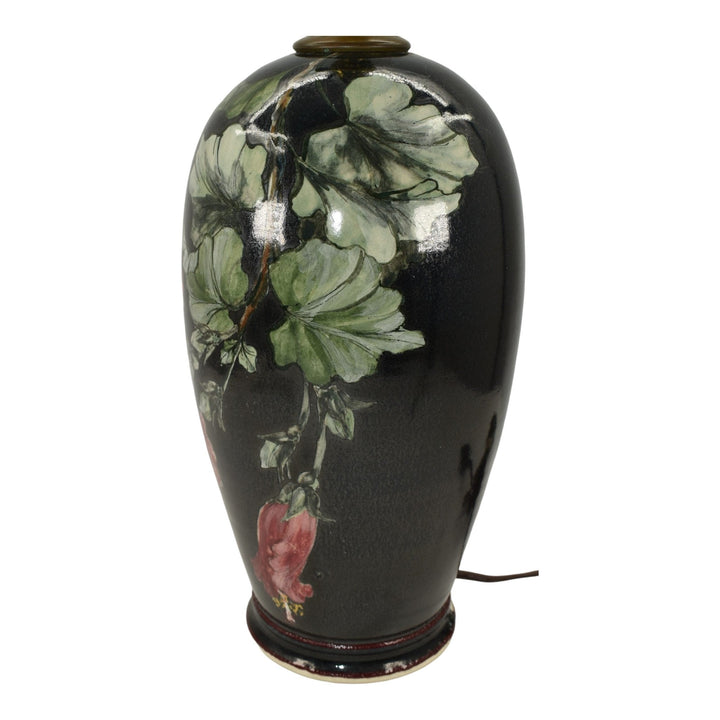 Santa Barbara Ceramic Design 1983 Pottery Hand Painted Floral Black Lamp Atwill