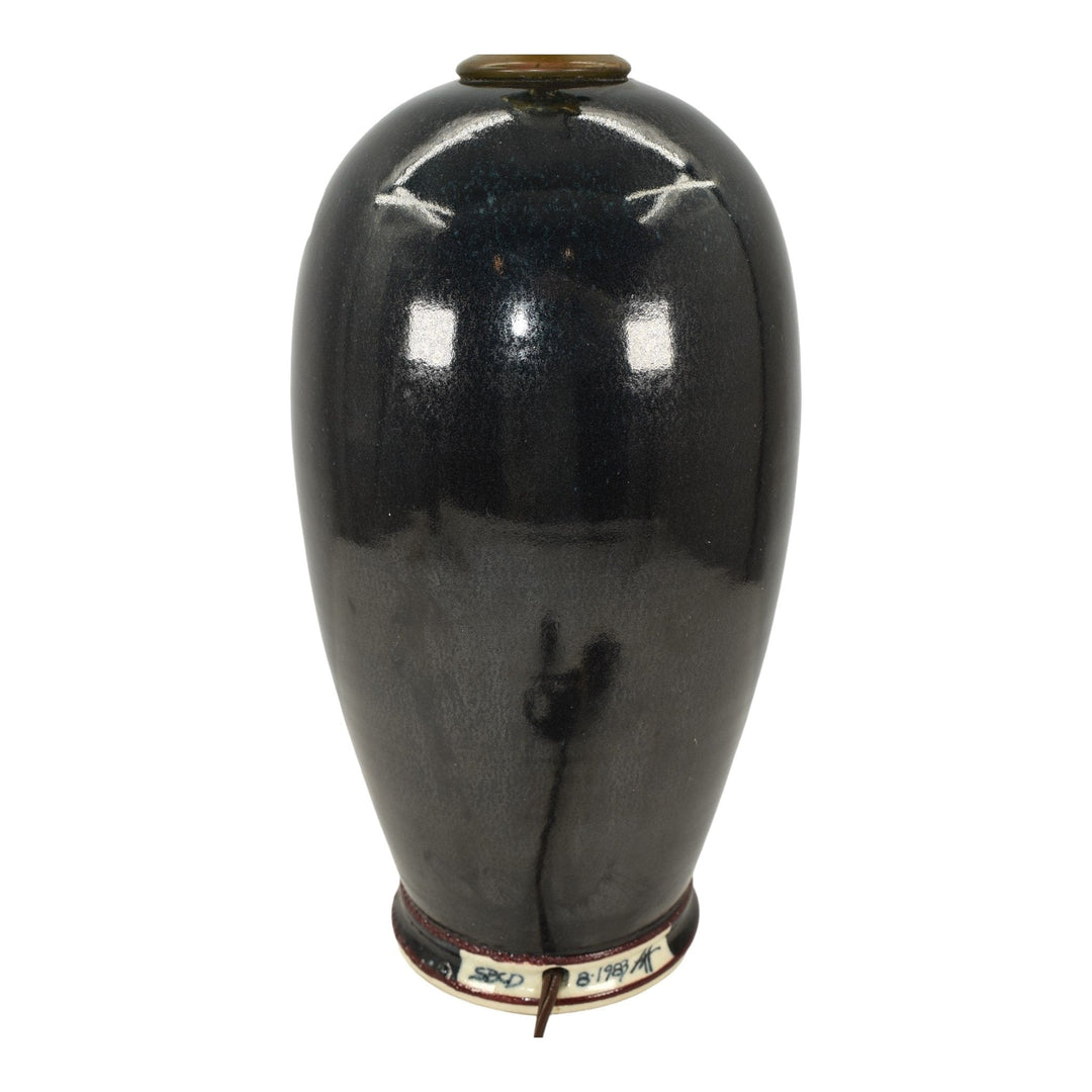 Santa Barbara Ceramic Design 1983 Pottery Hand Painted Floral Black Lamp Atwill
