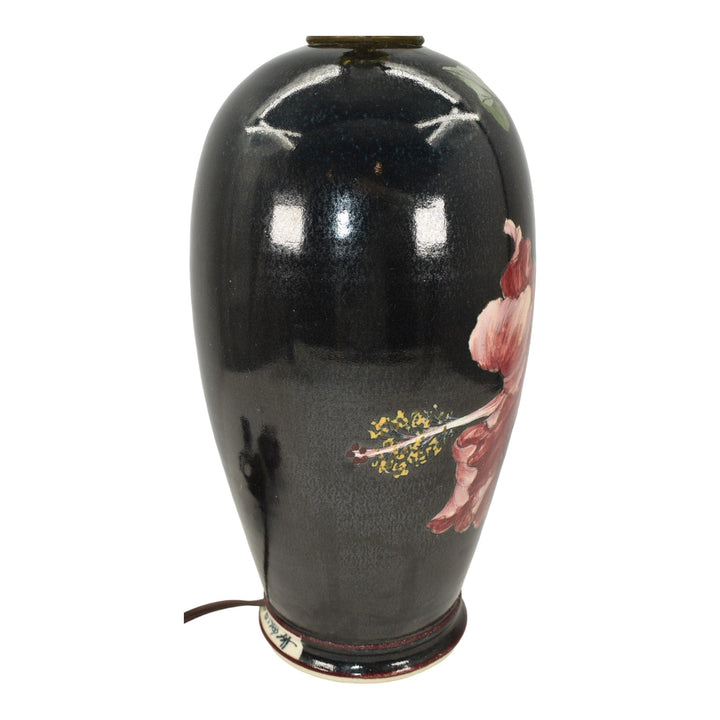 Santa Barbara Ceramic Design 1983 Pottery Hand Painted Floral Black Lamp Atwill
