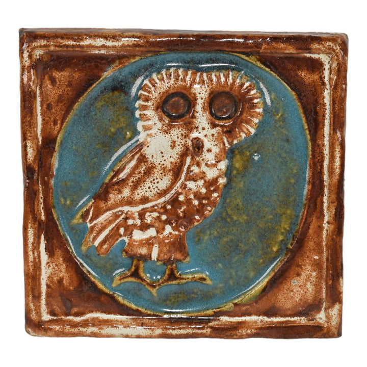 Pigeon Forge Tennessee 1974 Art Pottery Brown Owl Blue Ceramic Tile Wall Art