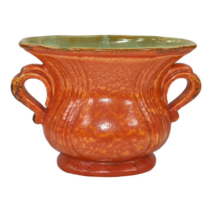 Stangl Vintage Art Pottery Orange Uranium Green Two Handled Ceramic Vase