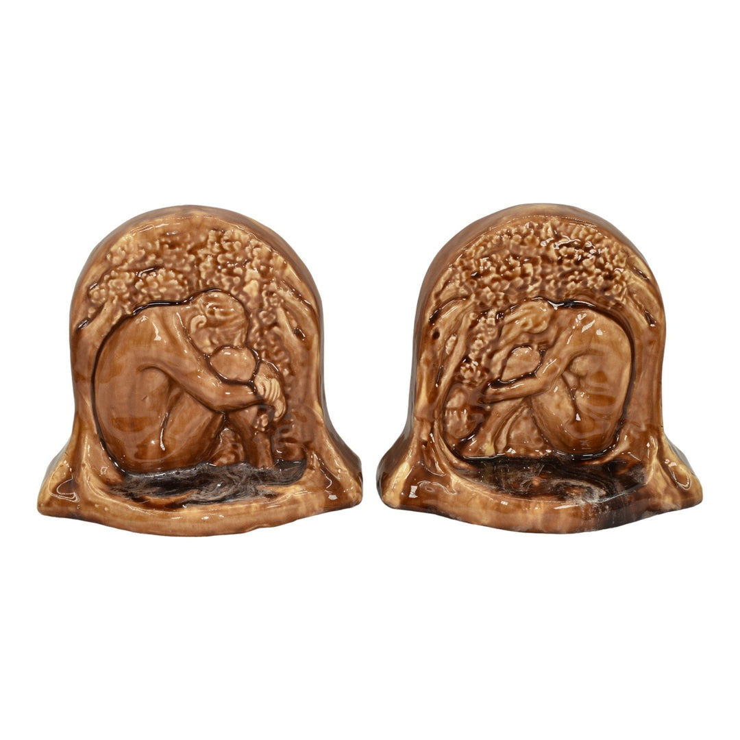 California Clay Products Vintage Art Pottery Brown Adam And Eve Ceramic Bookends - Just Art Pottery
