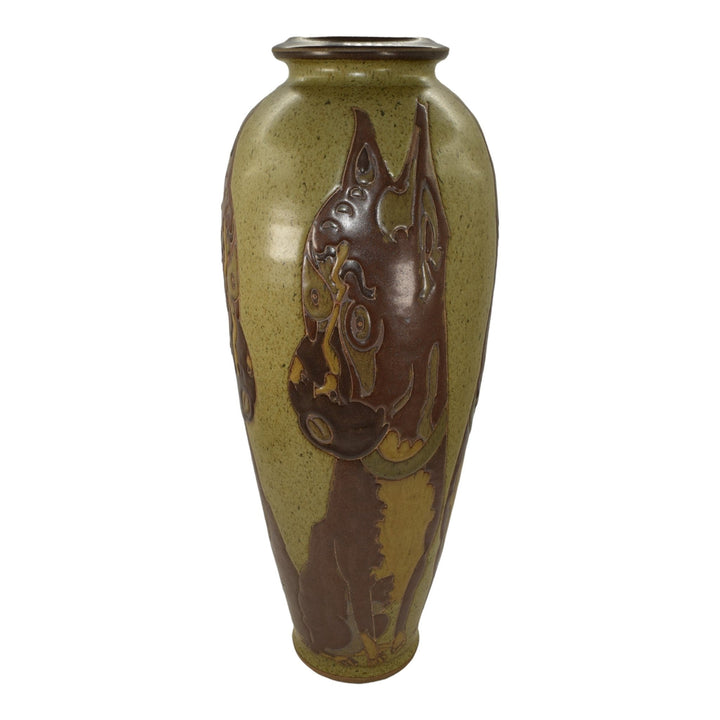 Kurt Wild Studio Art Pottery Hand Made Boxer Dog Green Ceramic Floor Vase - Just Art Pottery
