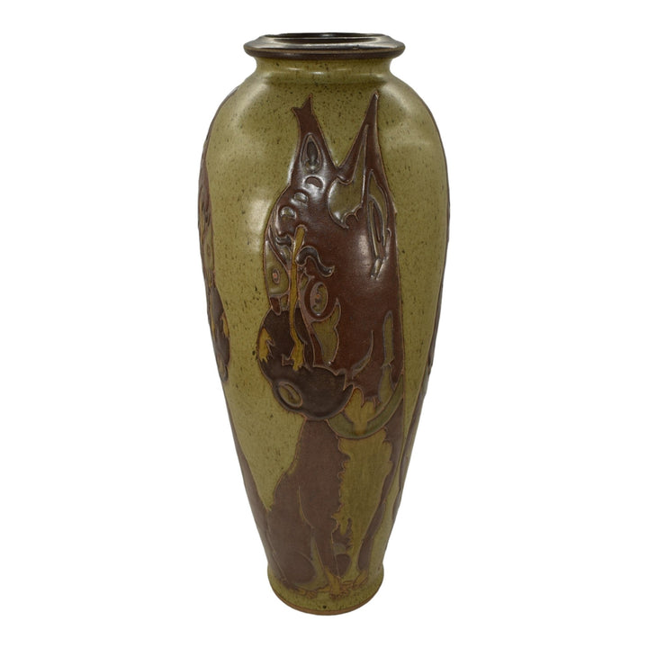 Kurt Wild Studio Art Pottery Hand Made Boxer Dog Green Ceramic Floor Vase - Just Art Pottery