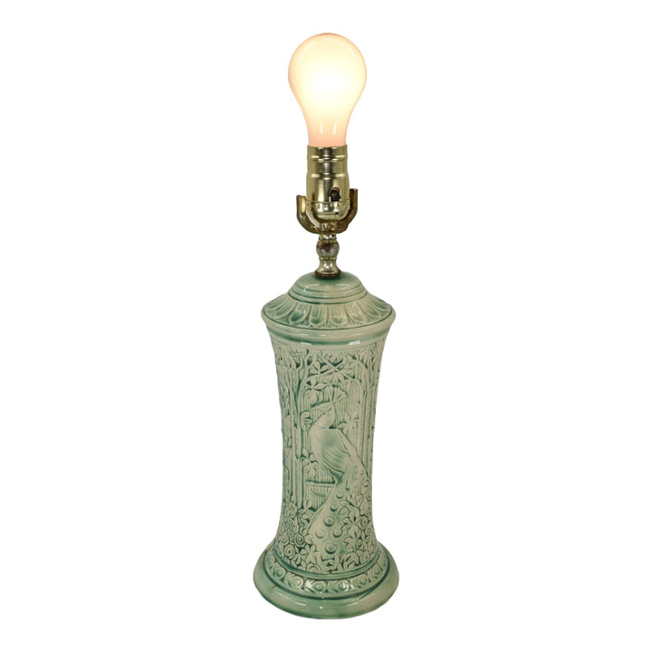 Weller Knifewood Selma Late 1910s Art Pottery Peacock Green Ceramic Factory Lamp