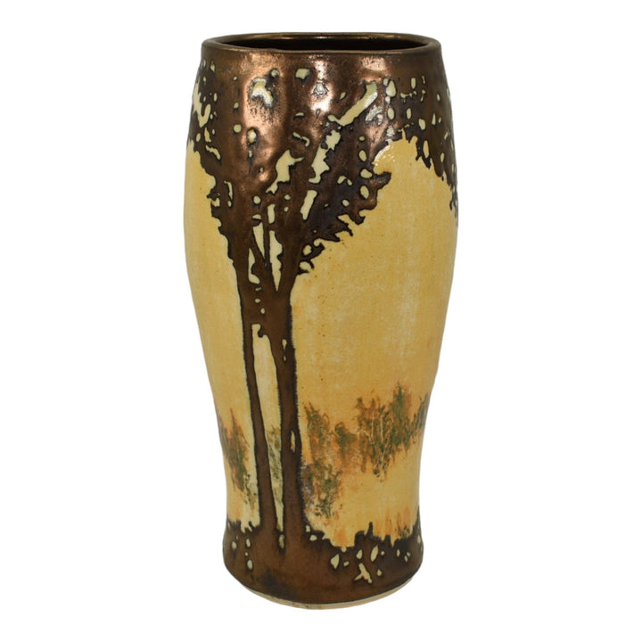 Hog Hill Studio Pottery Hand Made Yellow Bronze Luster Oak Tree Tall Vase