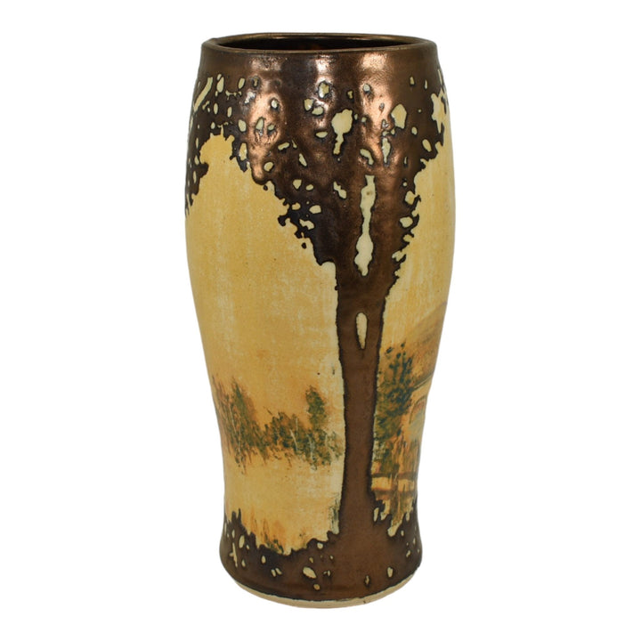 Hog Hill Studio Pottery Hand Made Yellow Bronze Luster Oak Tree Tall Vase