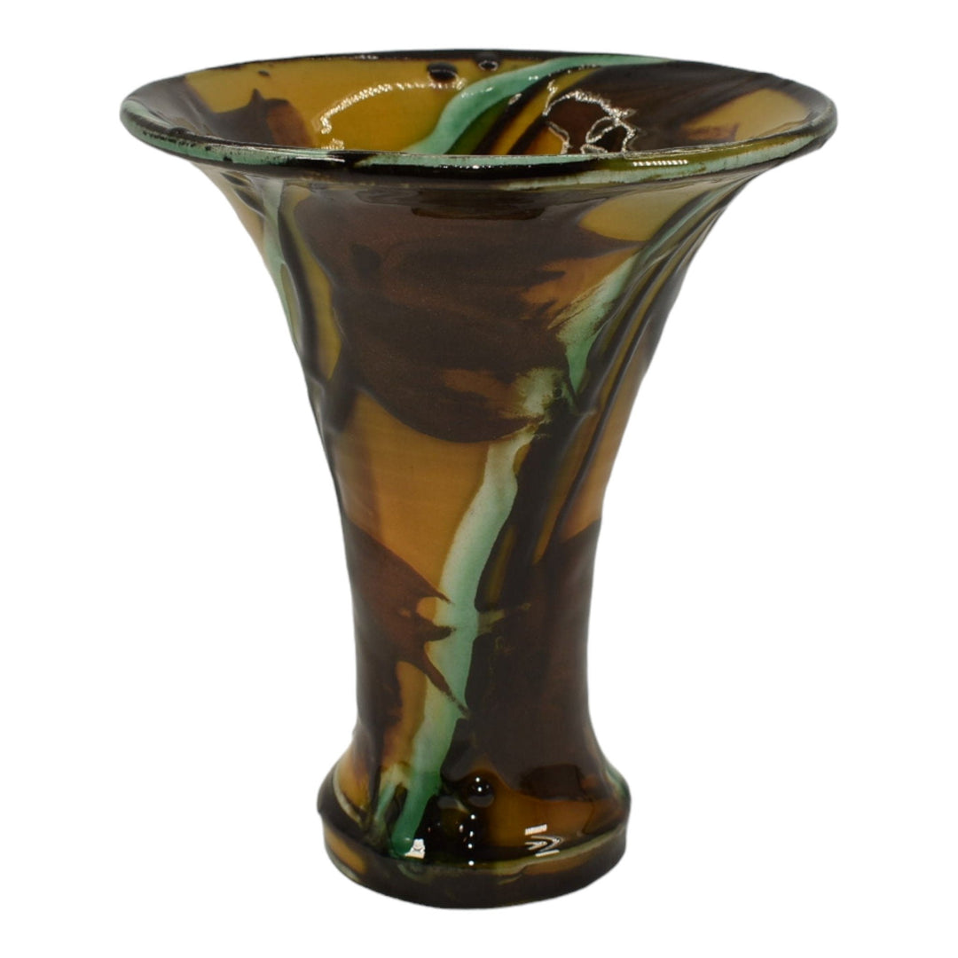 Herman Kahler Danish Art Deco Pottery Yellow Brown Flared Rim Ceramic Vase - Just Art Pottery