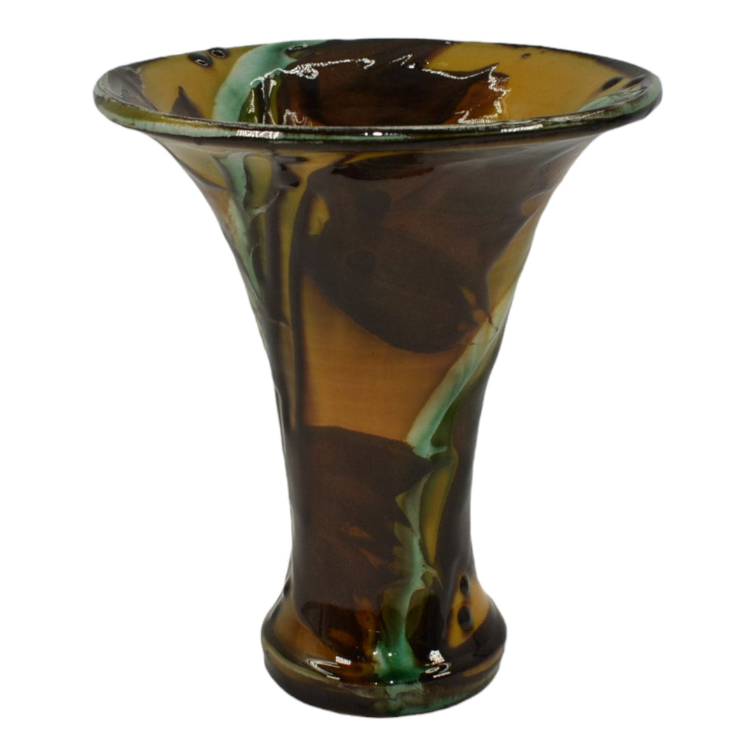 Herman Kahler Danish Art Deco Pottery Yellow Brown Flared Rim Ceramic Vase - Just Art Pottery
