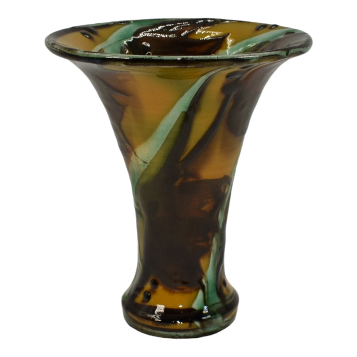 Herman Kahler Danish Art Deco Pottery Yellow Brown Flared Rim Ceramic Vase - Just Art Pottery