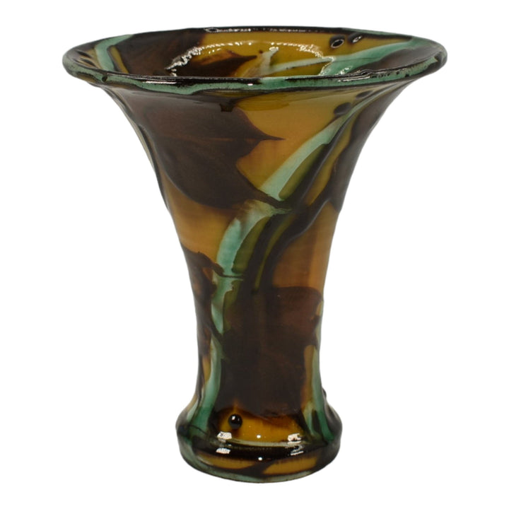 Herman Kahler Danish Art Deco Pottery Yellow Brown Flared Rim Ceramic Vase - Just Art Pottery