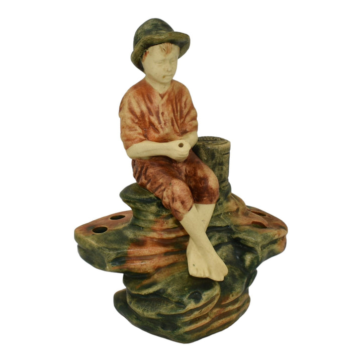 Weller Muskota 1920s Vintage Art Pottery Boy Fishing Ceramic Flower Frog