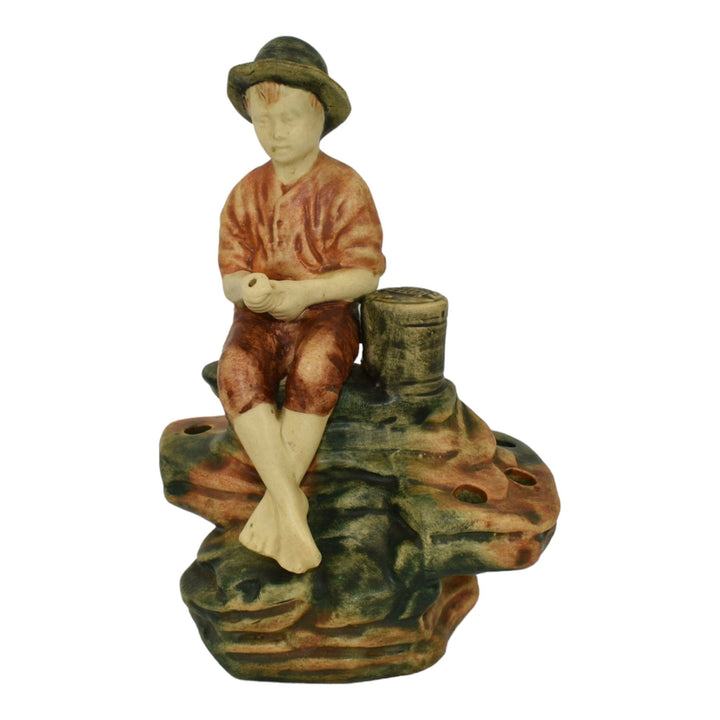 Weller Muskota 1920s Vintage Art Pottery Boy Fishing Ceramic Flower Frog