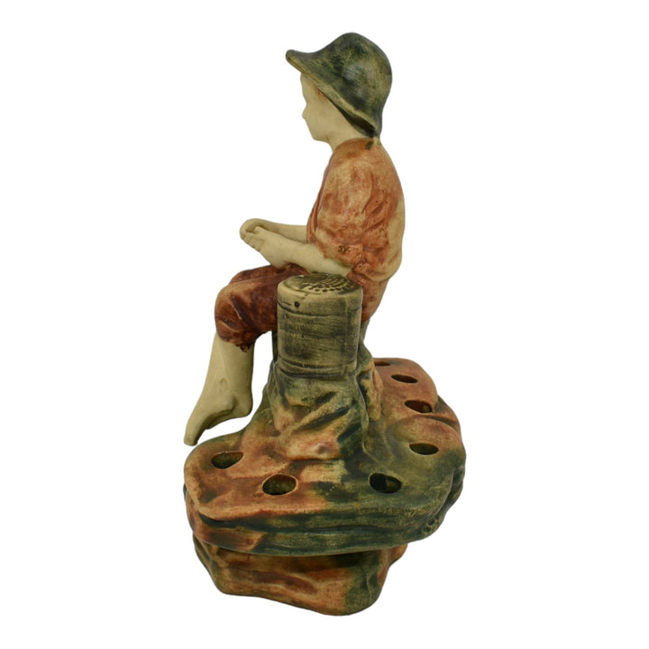 Weller Muskota 1920s Vintage Art Pottery Boy Fishing Ceramic Flower Frog