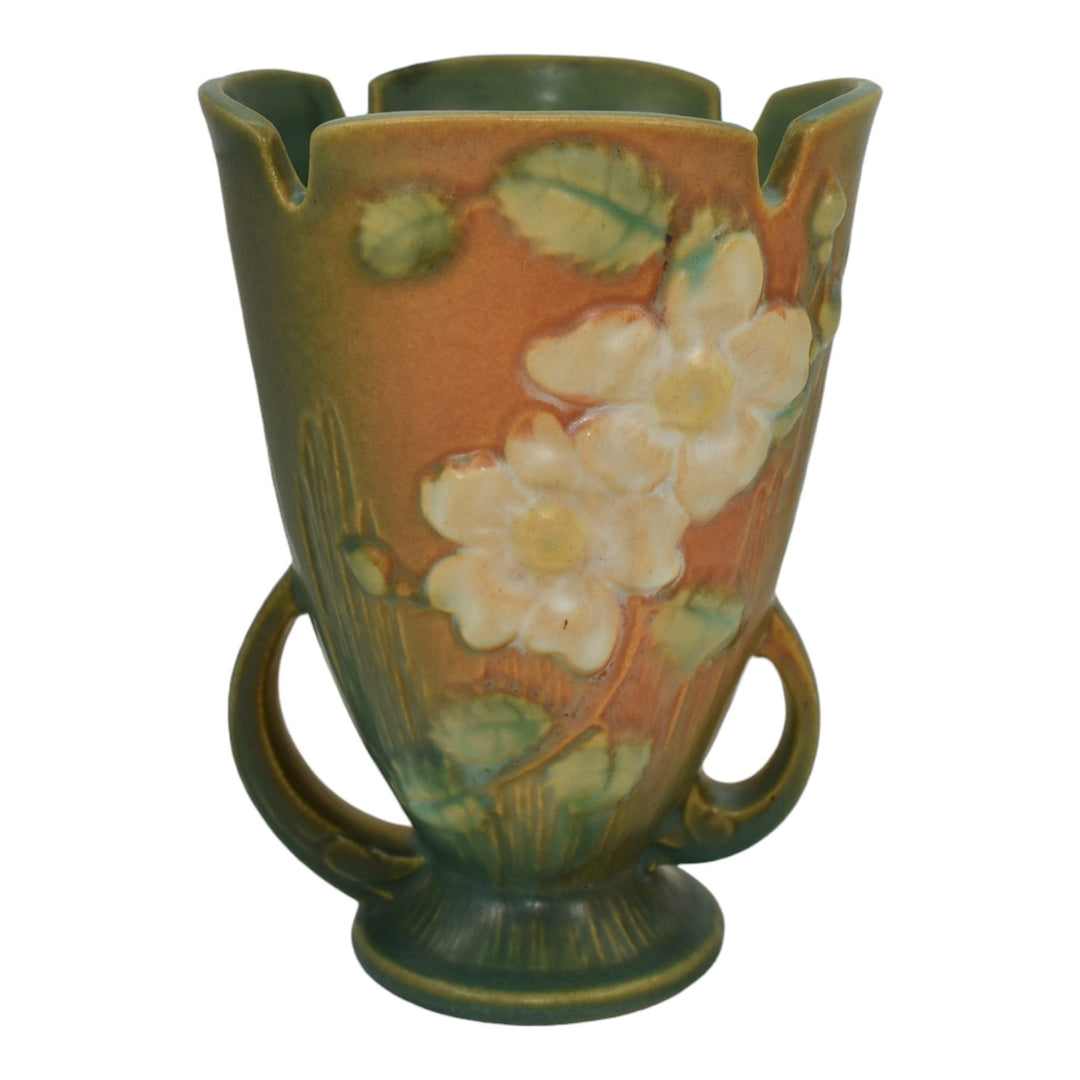 Roseville White Rose Brown Green 1940 Vintage Art Pottery Ceramic Vase 980-6 - Just Art Pottery