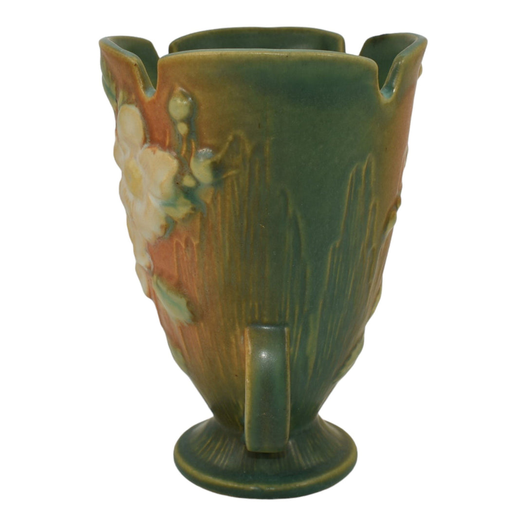 Roseville White Rose Brown Green 1940 Vintage Art Pottery Ceramic Vase 980-6 - Just Art Pottery