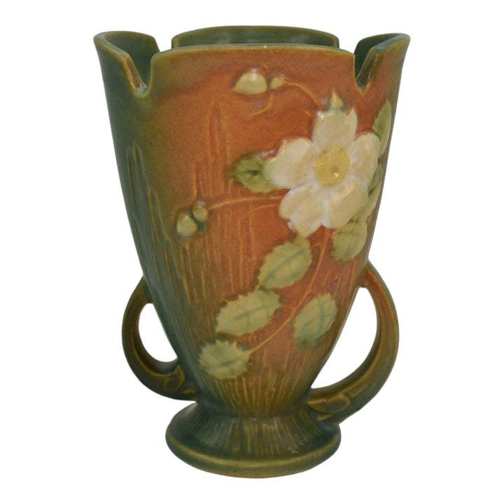 Roseville White Rose Brown Green 1940 Vintage Art Pottery Ceramic Vase 980-6 - Just Art Pottery