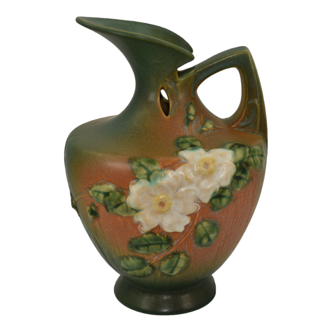 Roseville White Rose Brown Green 1940 Vintage Art Pottery Ceramic Ewer 990-10