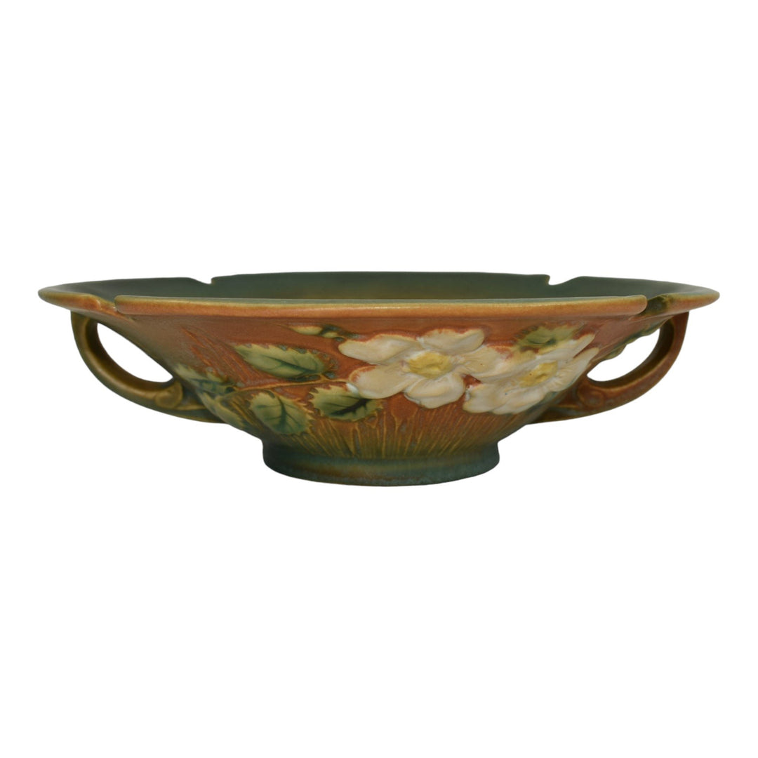 Roseville White Rose Brown Green 1940 Vintage Art Pottery Ceramic Bowl 390-8 - Just Art Pottery