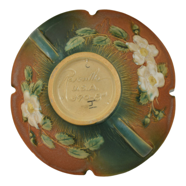 Roseville White Rose Brown Green 1940 Vintage Art Pottery Ceramic Bowl 390-8 - Just Art Pottery