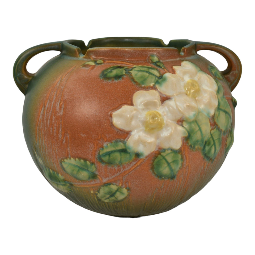 Roseville White Rose Brown 1940 Mid Century Modern Pottery Planter Bowl 388-7 - Just Art Pottery