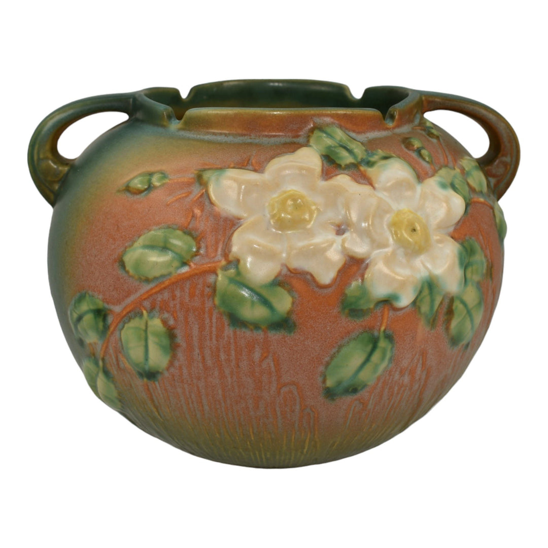 Roseville White Rose Brown 1940 Mid Century Modern Pottery Planter Bowl 388-7 - Just Art Pottery