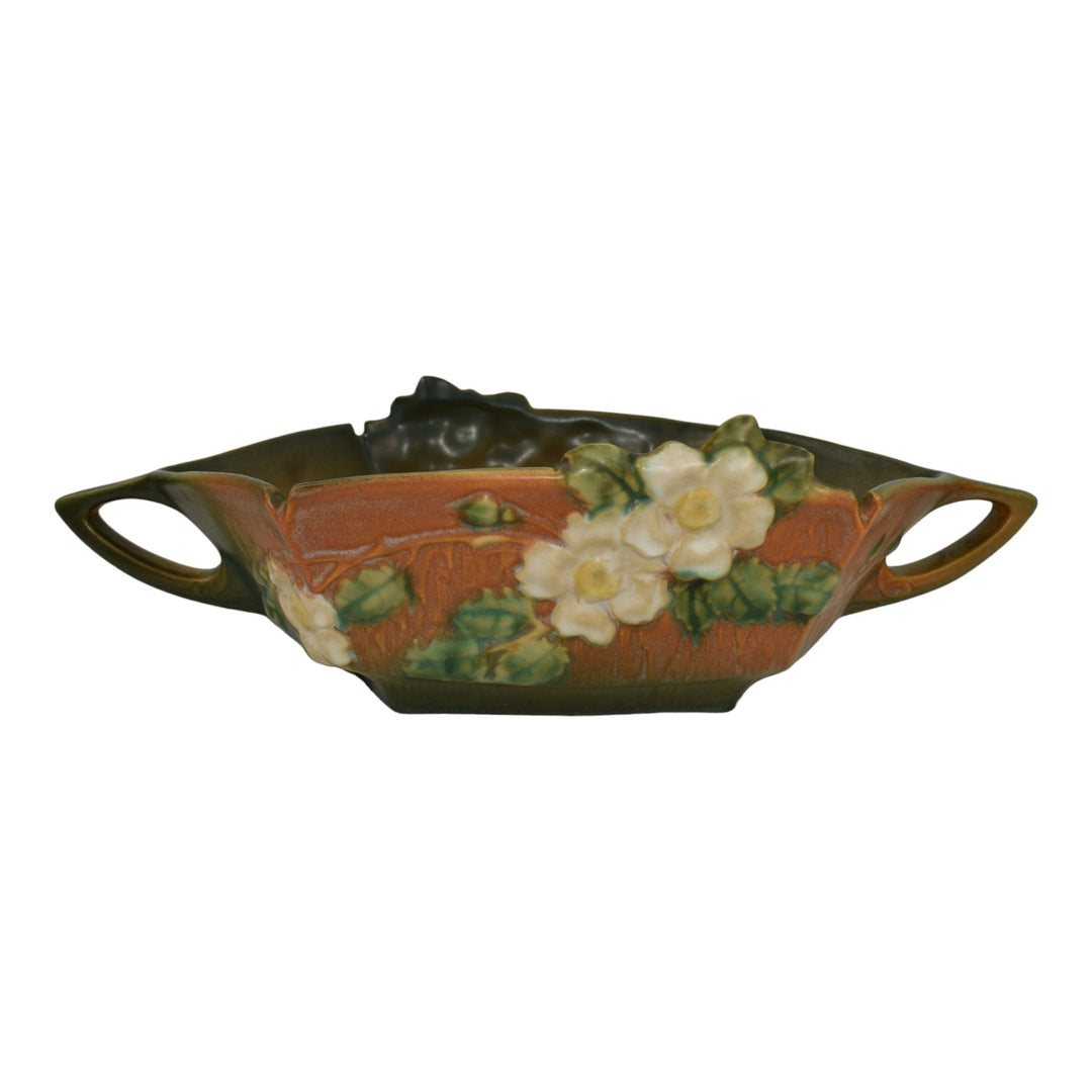 Roseville White Rose Brown 1940 Mid Century Modern Pottery Console Bowl 393-12 - Just Art Pottery
