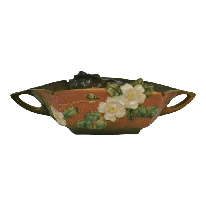 Roseville White Rose Brown 1940 Mid Century Modern Pottery Console Bowl 393-12 - Just Art Pottery