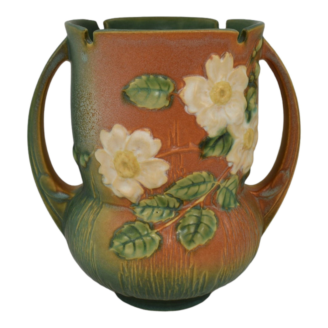 Roseville White Rose Brown 1940 Mid Century Modern Pottery Ceramic Vase 985-8 - Just Art Pottery