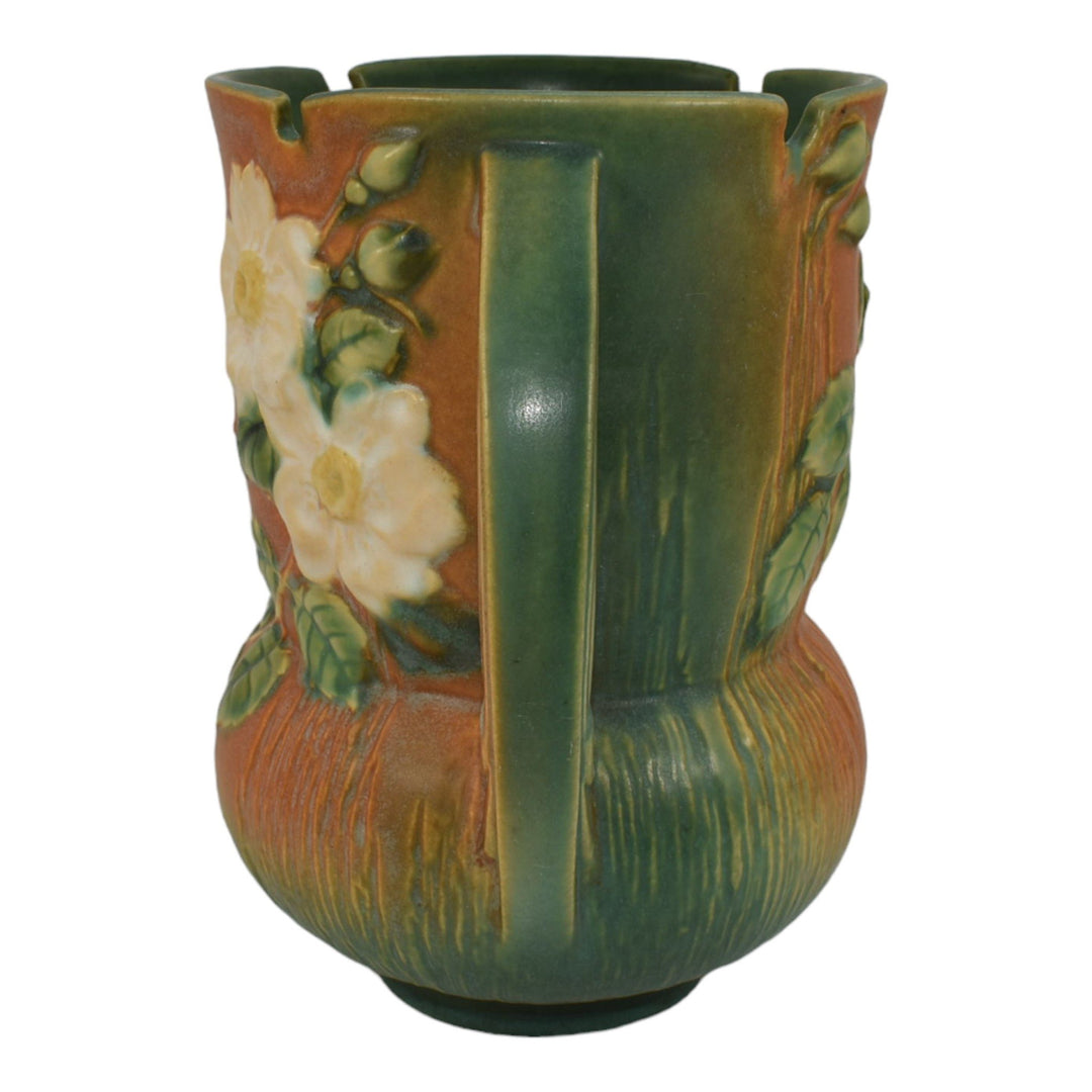 Roseville White Rose Brown 1940 Mid Century Modern Pottery Ceramic Vase 985-8 - Just Art Pottery