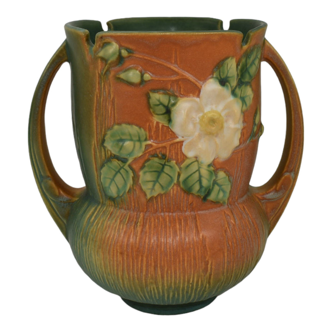 Roseville White Rose Brown 1940 Mid Century Modern Pottery Ceramic Vase 985-8 - Just Art Pottery