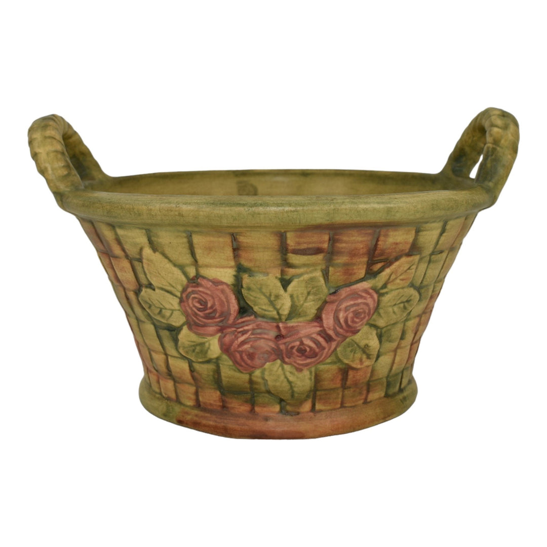 Weller Flemish 1920s Vintage Art Pottery Red Floral Brown Green Ceramic Basket