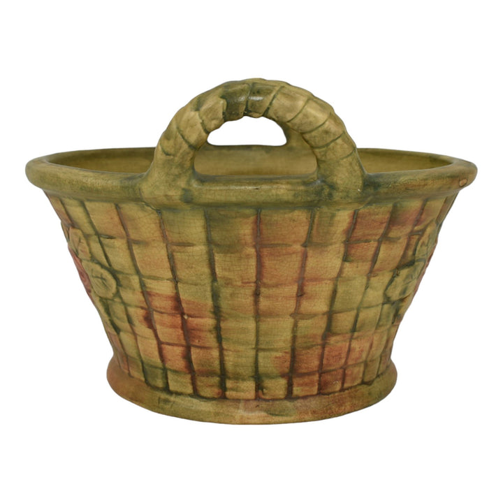 Weller Flemish 1920s Vintage Art Pottery Red Floral Brown Green Ceramic Basket - Just Art Pottery