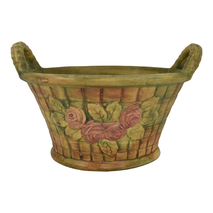 Weller Flemish 1920s Vintage Art Pottery Red Floral Brown Green Ceramic Basket