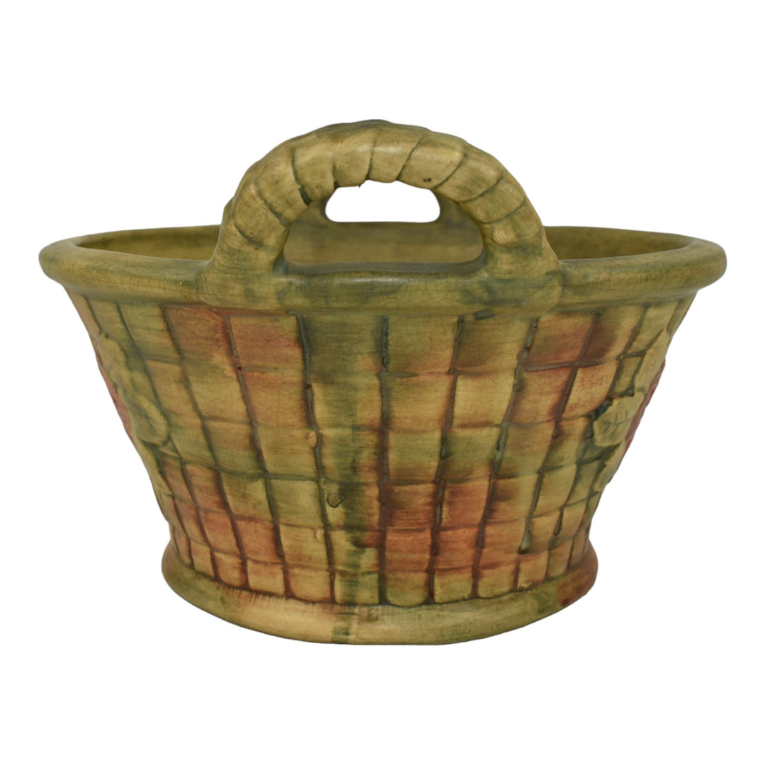 Weller Flemish 1920s Vintage Art Pottery Red Floral Brown Green Ceramic Basket - Just Art Pottery