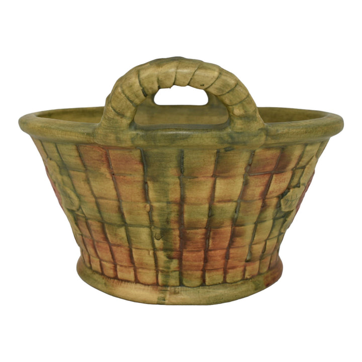 Weller Flemish 1920s Vintage Art Pottery Red Floral Brown Green Ceramic Basket - Just Art Pottery