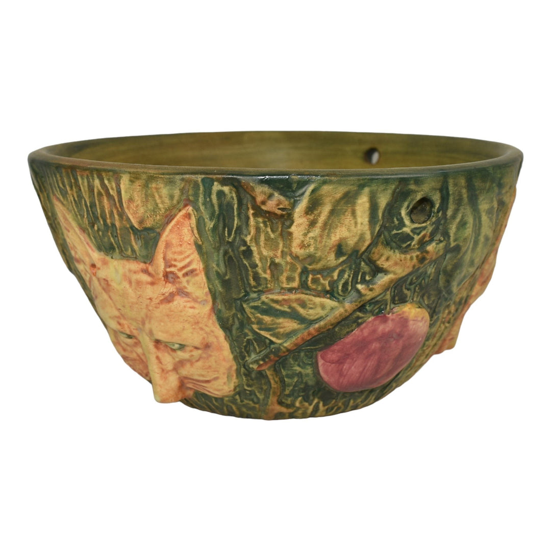 Weller Woodcraft 1920s Pottery Fox And Apples Green Brown Hanging Basket Planter