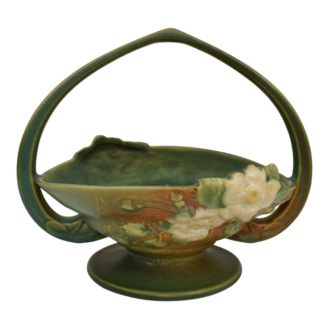 Roseville White Rose Green 1940 Vintage Art Pottery Ceramic Basket 362-8