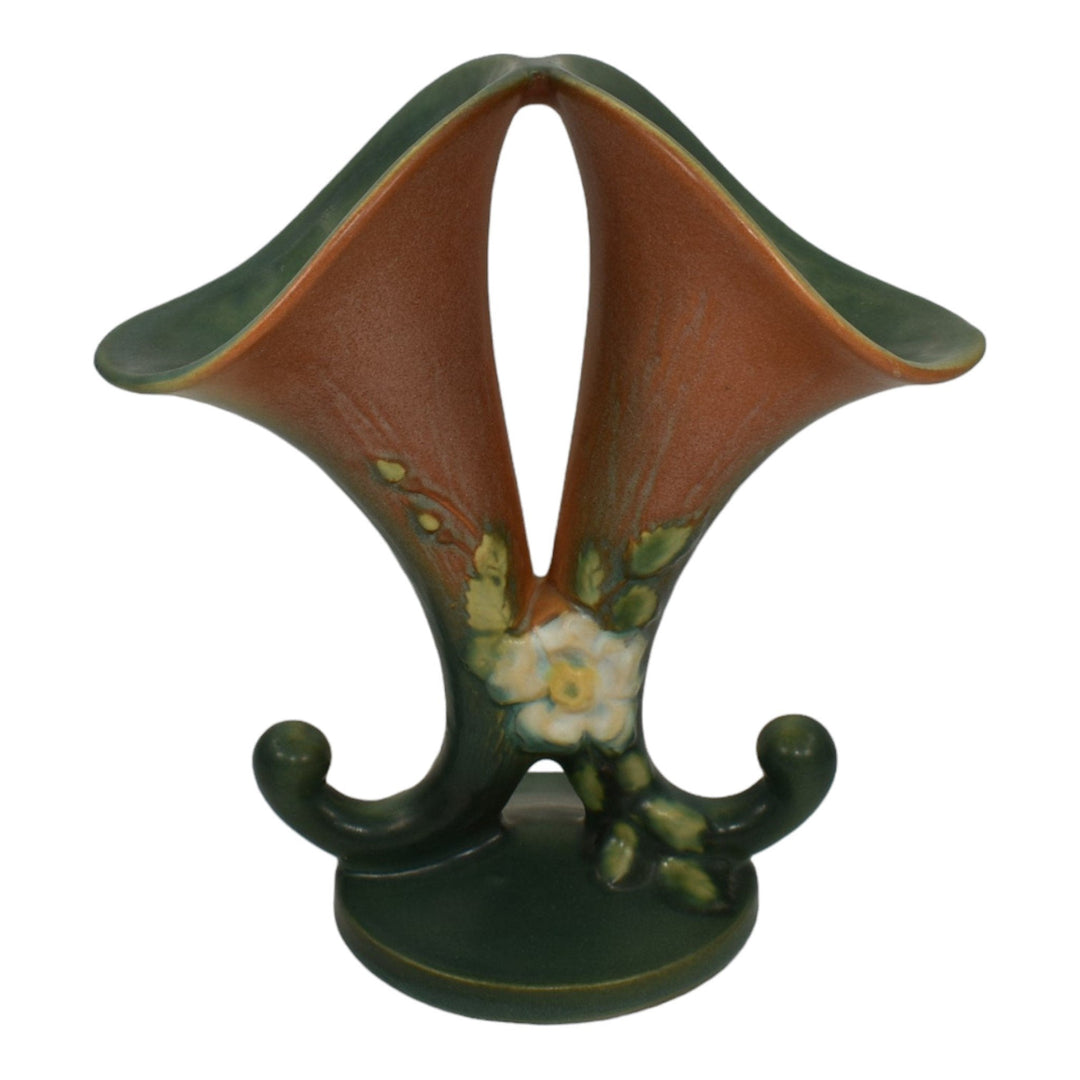 Roseville Pottery White Rose 1940 Brown and Green Double Cornucopia Vase 145-8 - Just Art Pottery