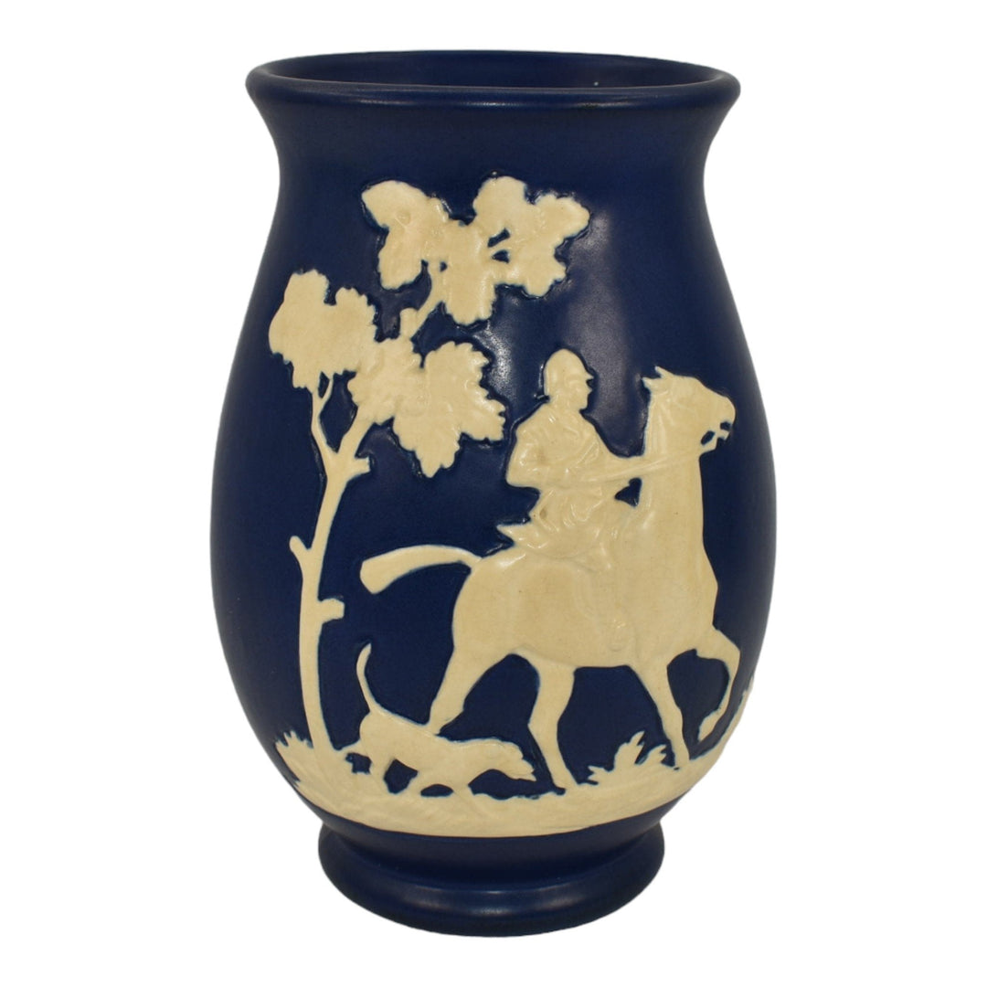 Weller Chase 1920s Vintage Art Pottery Equestrian Fox Hunt Blue Scenic Vase