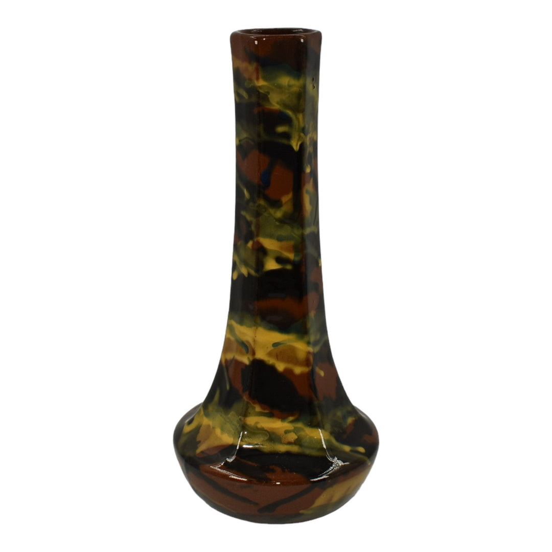 Peters and Reed Marbelized 1920s Art Pottery Brown Green Yellow Ceramic Vase 49 - Just Art Pottery