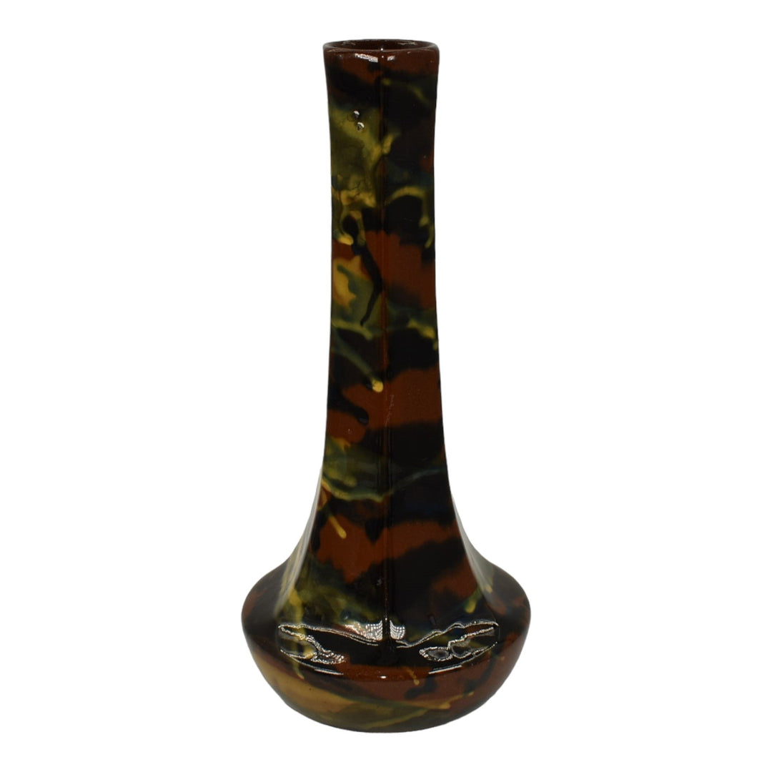 Peters and Reed Marbelized 1920s Art Pottery Brown Green Yellow Ceramic Vase 49 - Just Art Pottery
