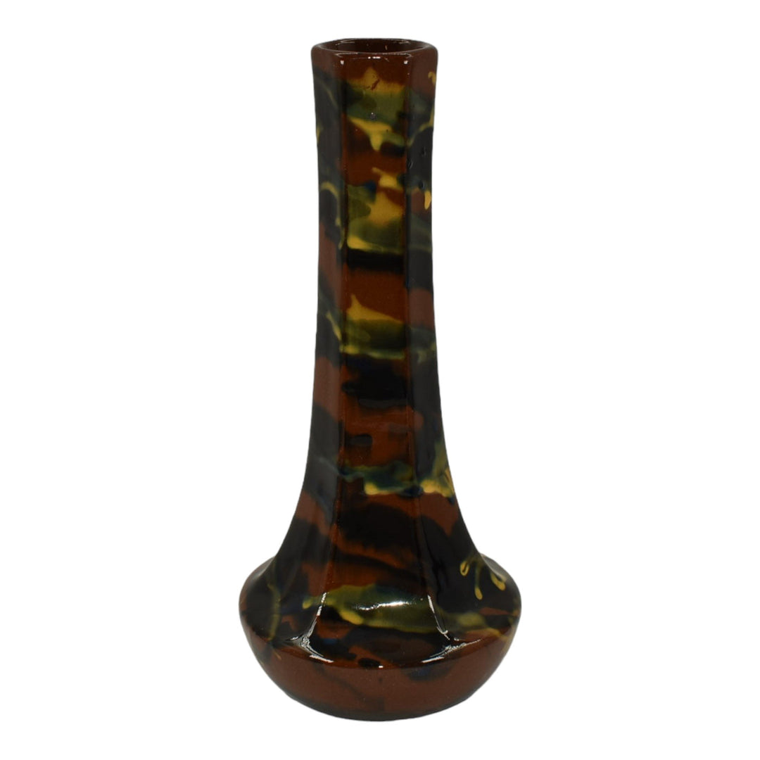 Peters and Reed Marbelized 1920s Art Pottery Brown Green Yellow Ceramic Vase 49 - Just Art Pottery