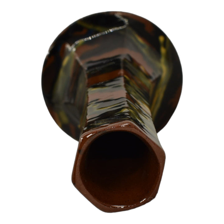 Peters and Reed Marbelized 1920s Art Pottery Brown Green Yellow Ceramic Vase 49 - Just Art Pottery