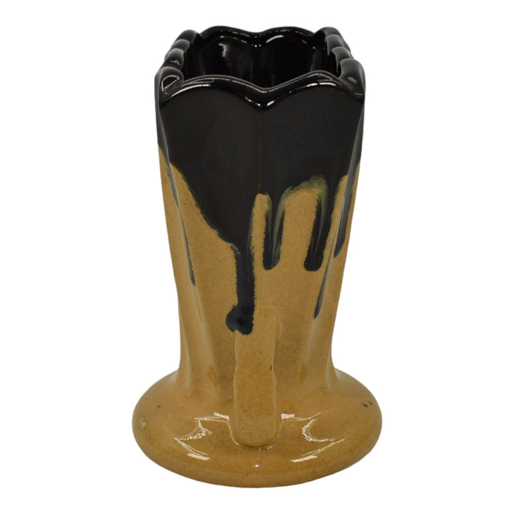 Zanesville Stoneware 1930s Art Pottery Ebonello Black Drip Yellow Fan Vase 851