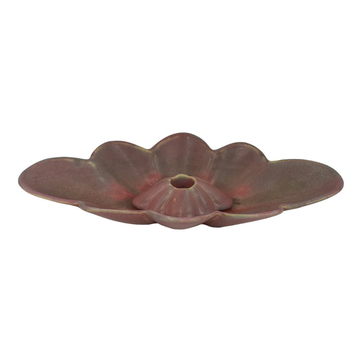 Muncie 1920s Art Deco Pottery Matte Green Over Rose Scalloped Bowl Candle Holder - Just Art Pottery